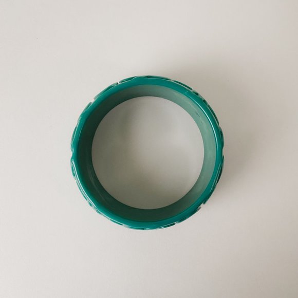 Vintage Acrylic Chunky Teal Green Faux Marble Art Nouveau Wide Bangle Bracelet - Picture 6 of 11